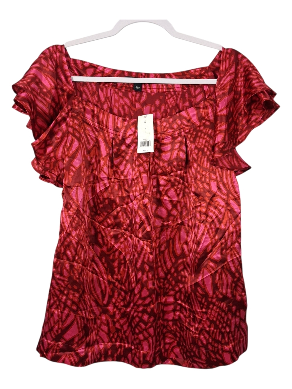 Banana Republic Silk Blouse Size L Pink and Red Flutter Sleeves.